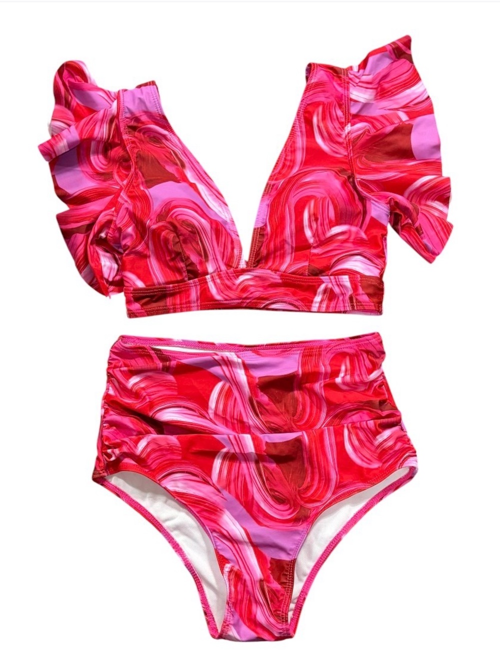 A51 Swirl Print V neck High Waist Ruffle Shoulder 2pc-Bikini Small Set Red/Pink